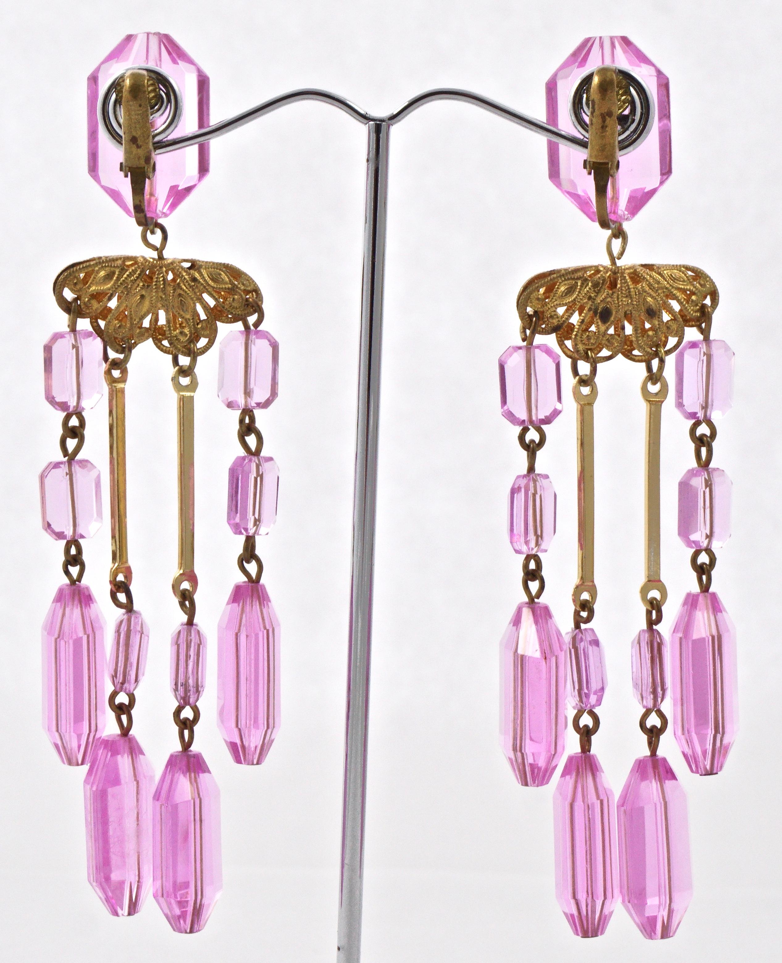 Gold Plated Filigree Clip On Chandelier Statement Earrings with Pink Beads 1960s 2