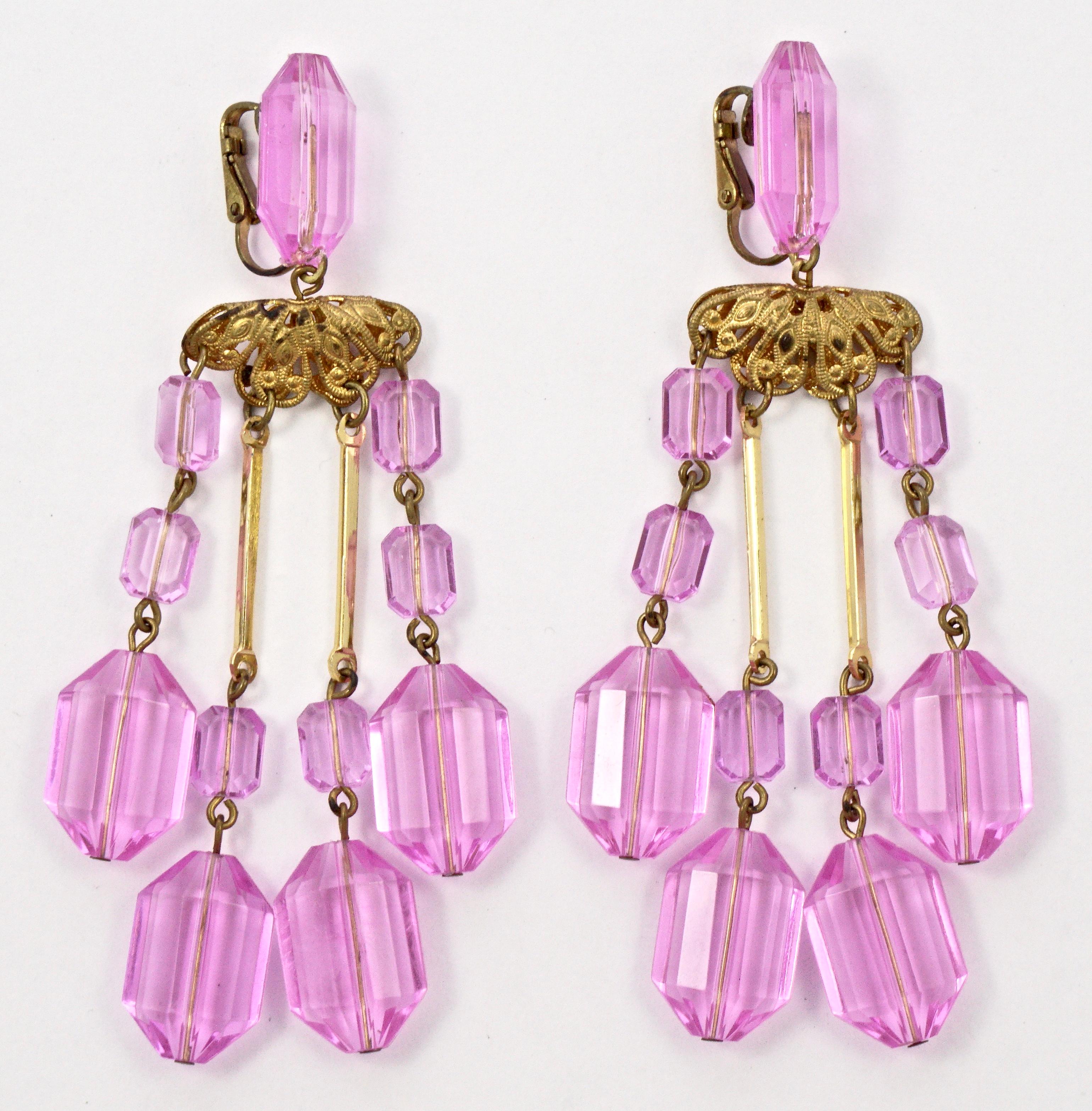 Women's or Men's Gold Plated Filigree Clip On Chandelier Statement Earrings with Pink Beads 1960s