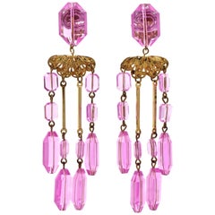 Gold Plated Filigree Clip On Chandelier Statement Earrings with Pink Beads 1960s