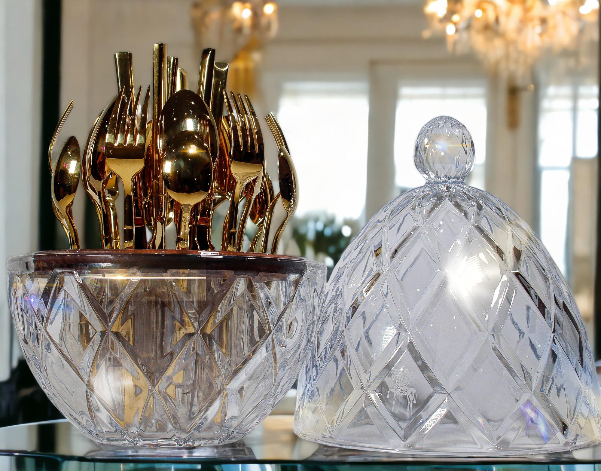 Gold Plated Flatware 24-piece set in a crystal glass Egg holder L’ambrosia. In New Condition For Sale In Glendale, CA