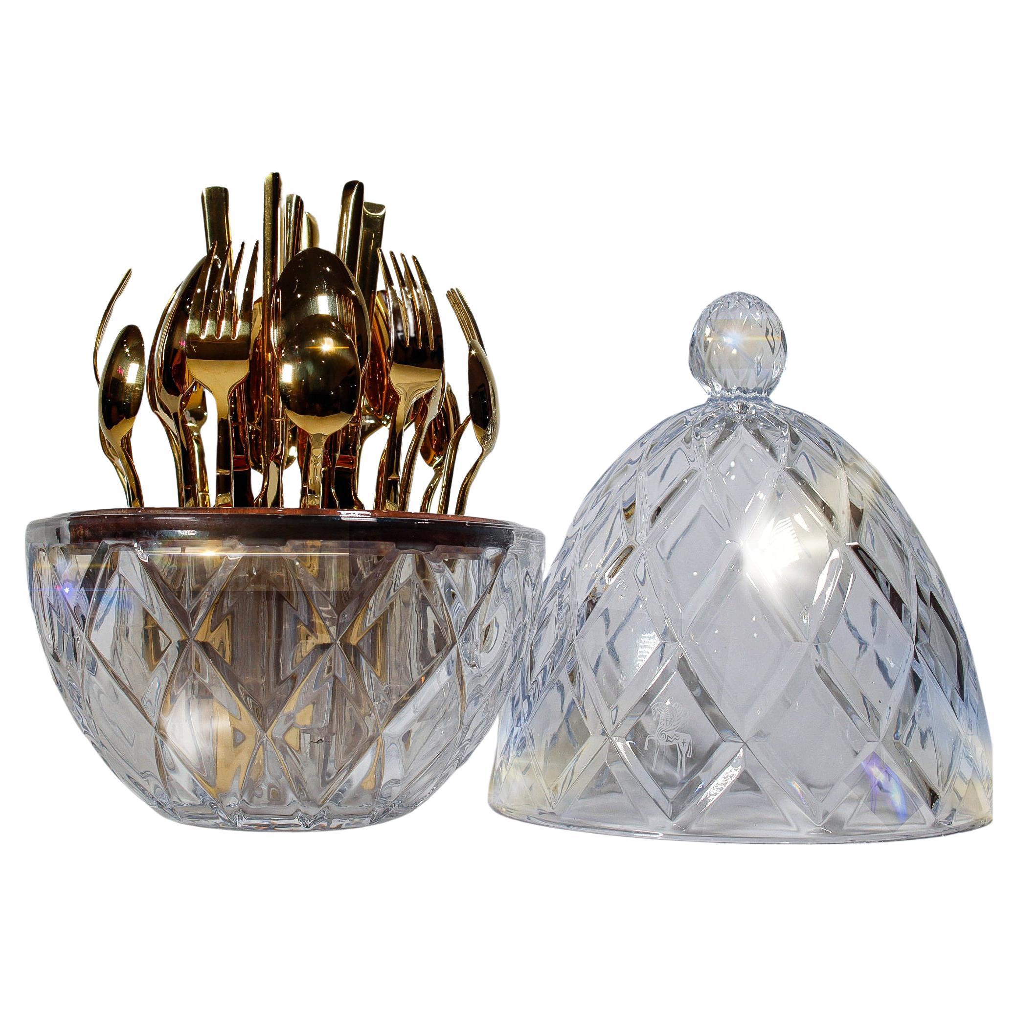 Gold Plated Flatware 24-piece set in a crystal glass Egg holder L’ambrosia. For Sale