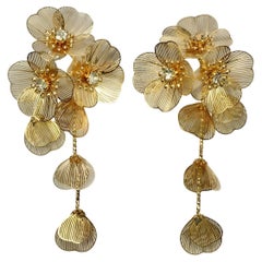 Gold Plated Flower and Rhinestone Drop Earrings