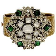Gold Plated Flower Bangle with Green Grey Stones Rhinestones Centrepiece