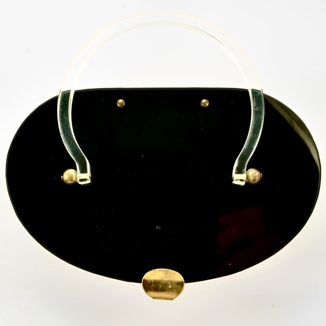 Brown Gold Plated Flower Filigree Black and Clear Lucite Handbag circa 1950s For Sale