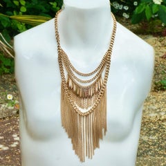 Gold Plated Four Strand Curb Chain Necklace with Drops and Fringe 1970s