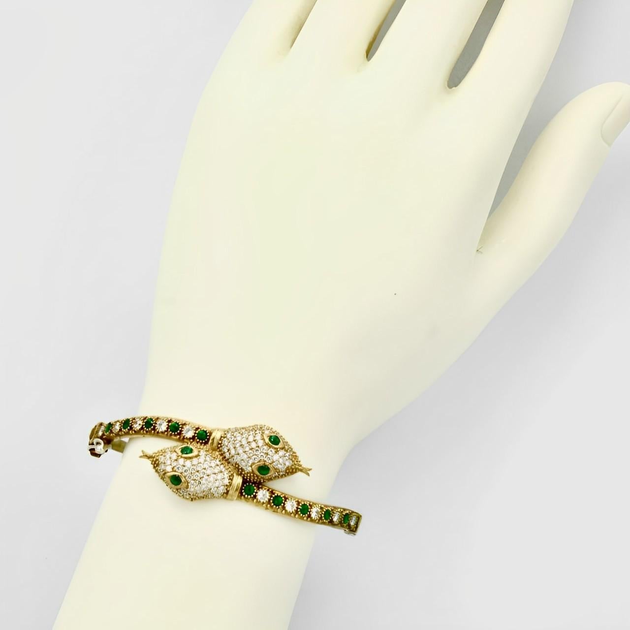 Gold Plated Green and Clear Rhinestone Snake Bracelet For Sale 4