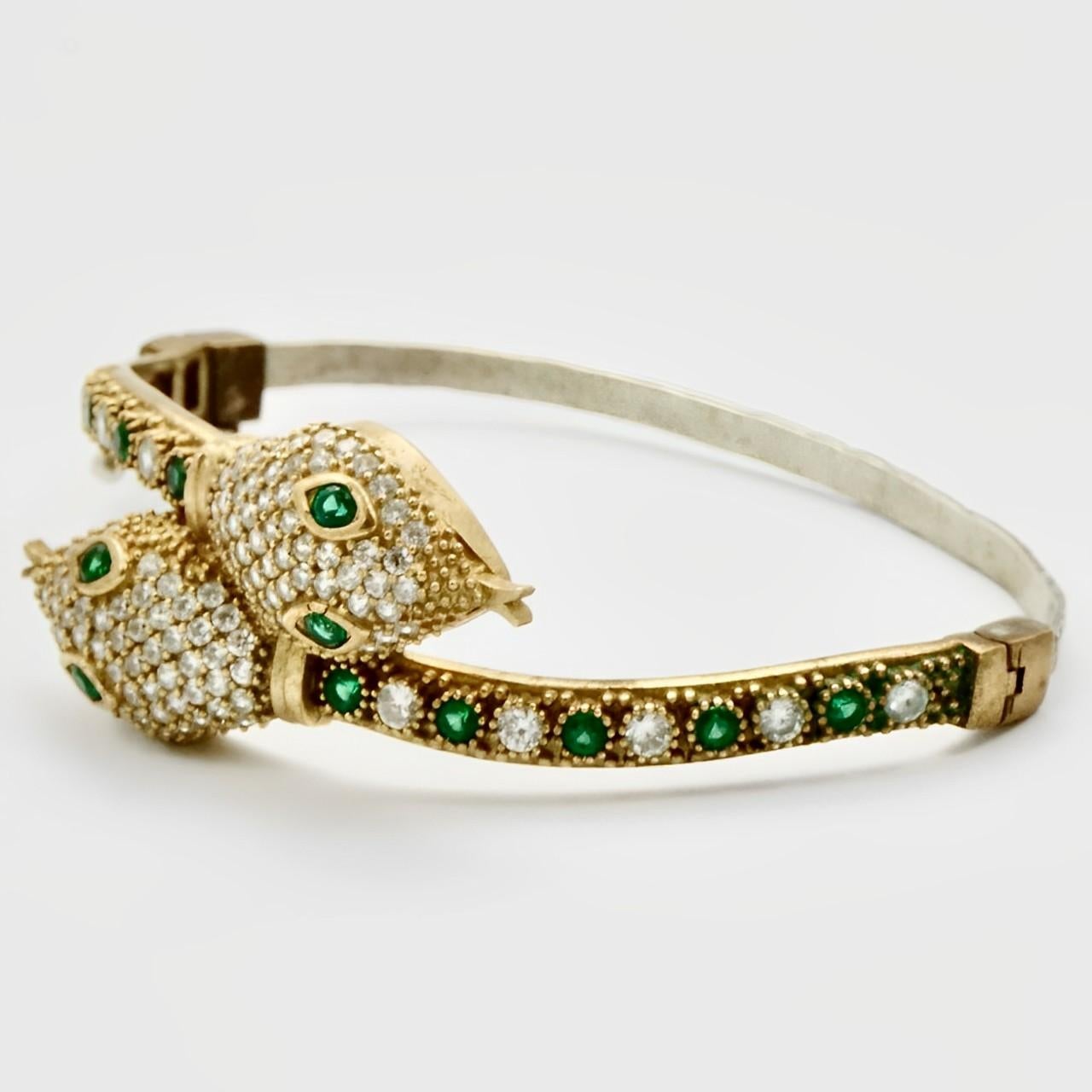Women's or Men's Gold Plated Green and Clear Rhinestone Snake Bracelet For Sale
