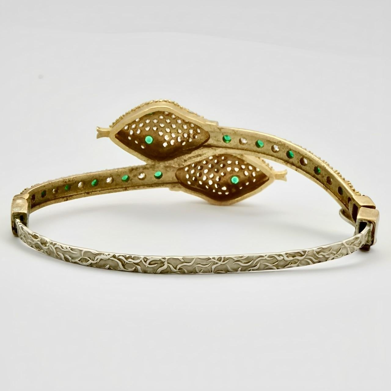 Gold Plated Green and Clear Rhinestone Snake Bracelet For Sale 1