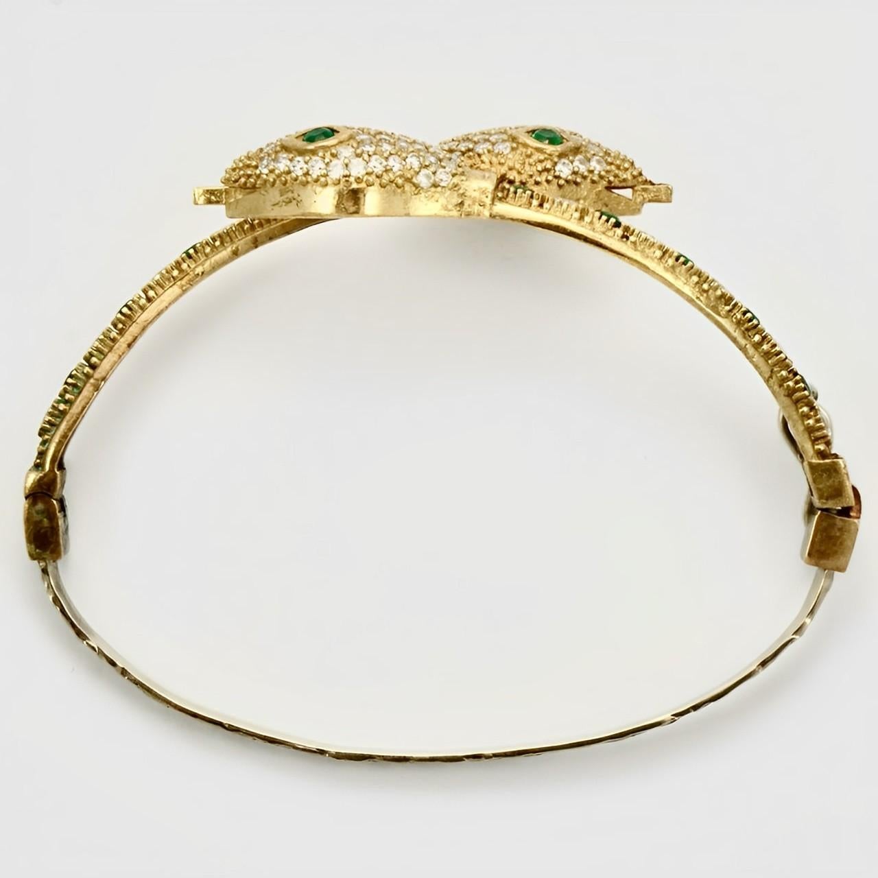 Gold Plated Green and Clear Rhinestone Snake Bracelet For Sale 3