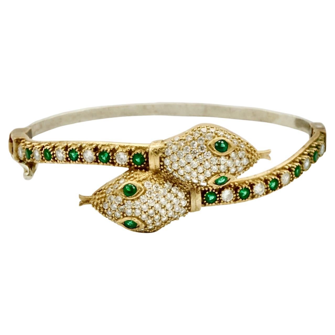 Gold Plated Green and Clear Rhinestone Snake Bracelet For Sale