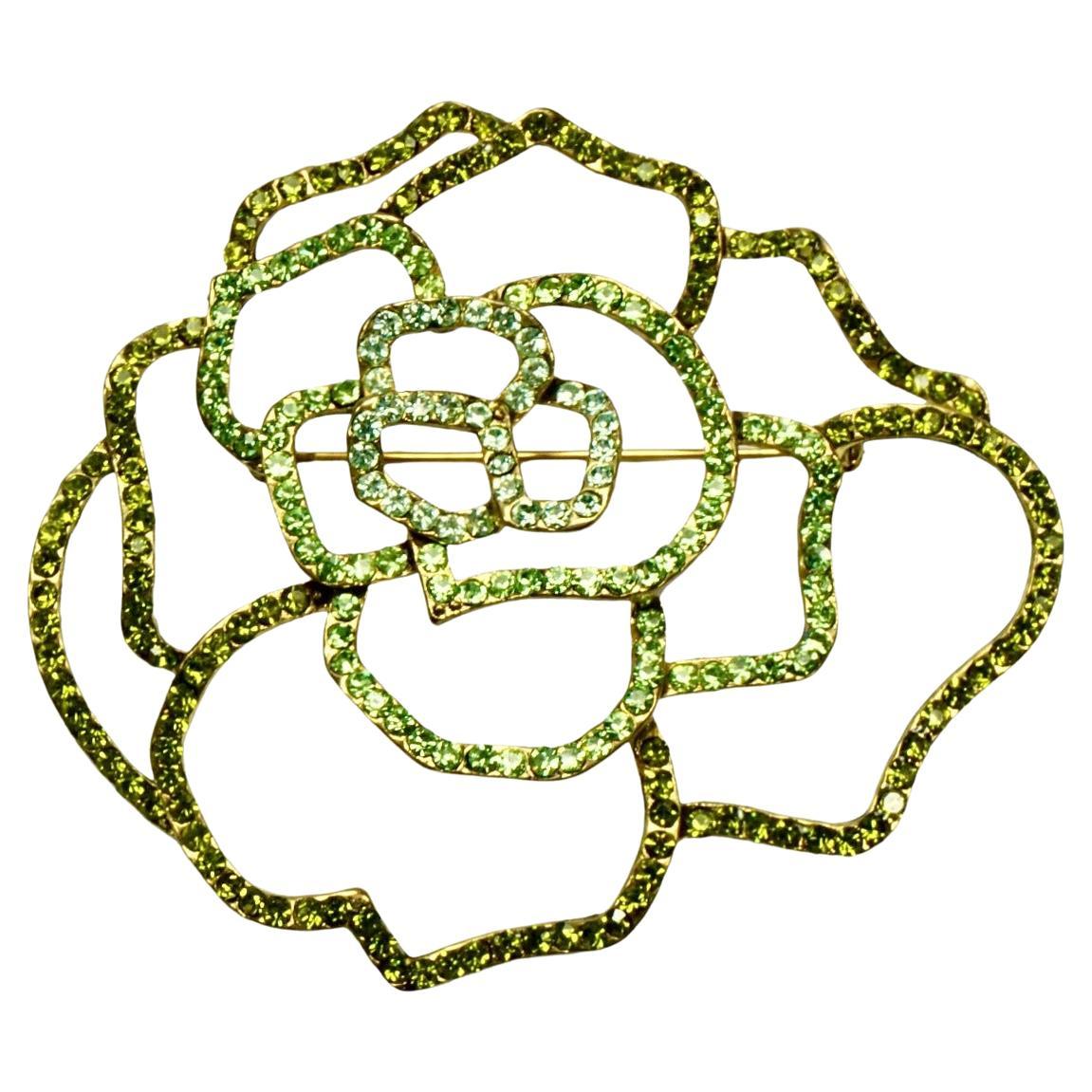 Gold Plated Green and Pale Blue Rhinestones Flower Brooch