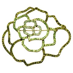 Vintage Gold Plated Green and Pale Blue Rhinestones Flower Brooch