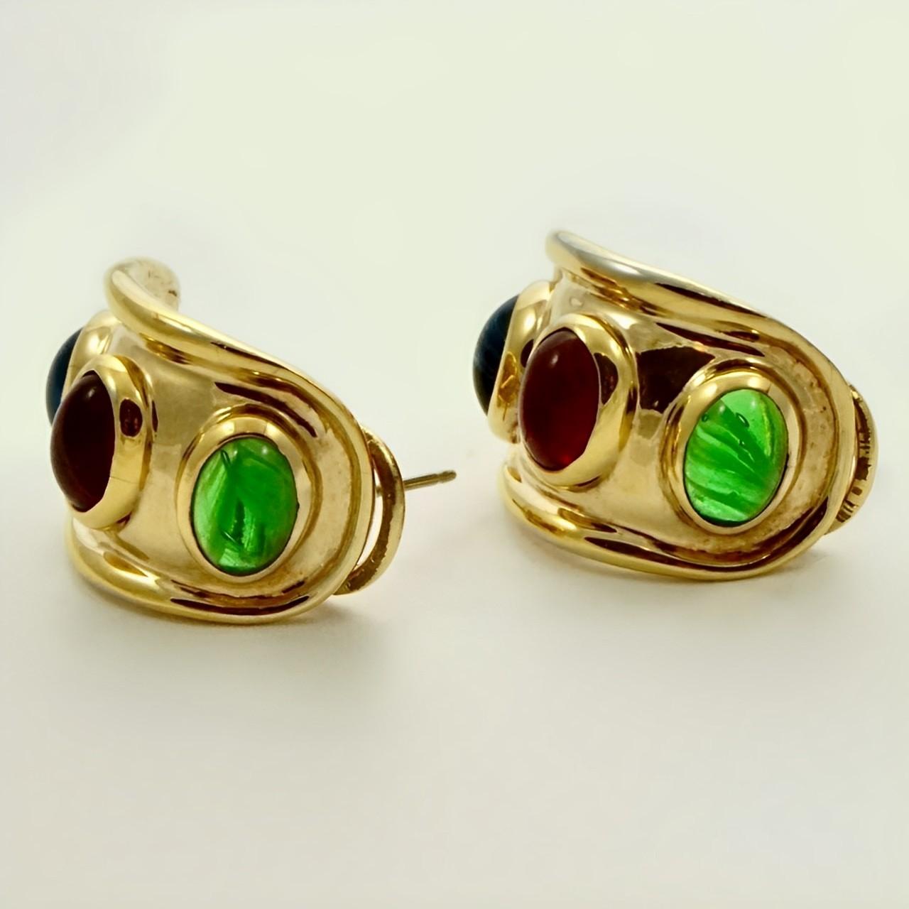 Women's Gold Plated Half Hoop Earrings Faux Sapphire Emerald and Ruby Cabochon Stones