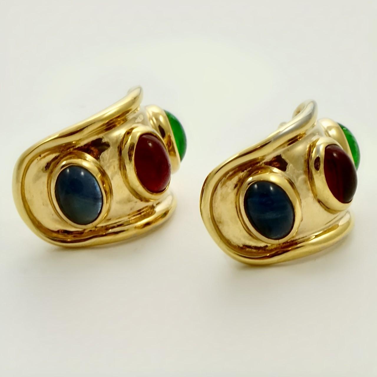 Gold Plated Half Hoop Earrings Faux Sapphire Emerald and Ruby Cabochon Stones 1