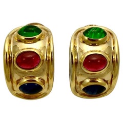 Gold Plated Half Hoop Earrings Faux Sapphire Emerald and Ruby Cabochon Stones