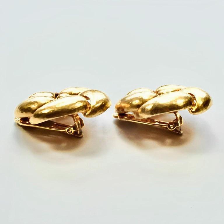Gold Plated Hammered Flower Clip-On Statement Earrings - Les Bernard Vanity For Sale 2