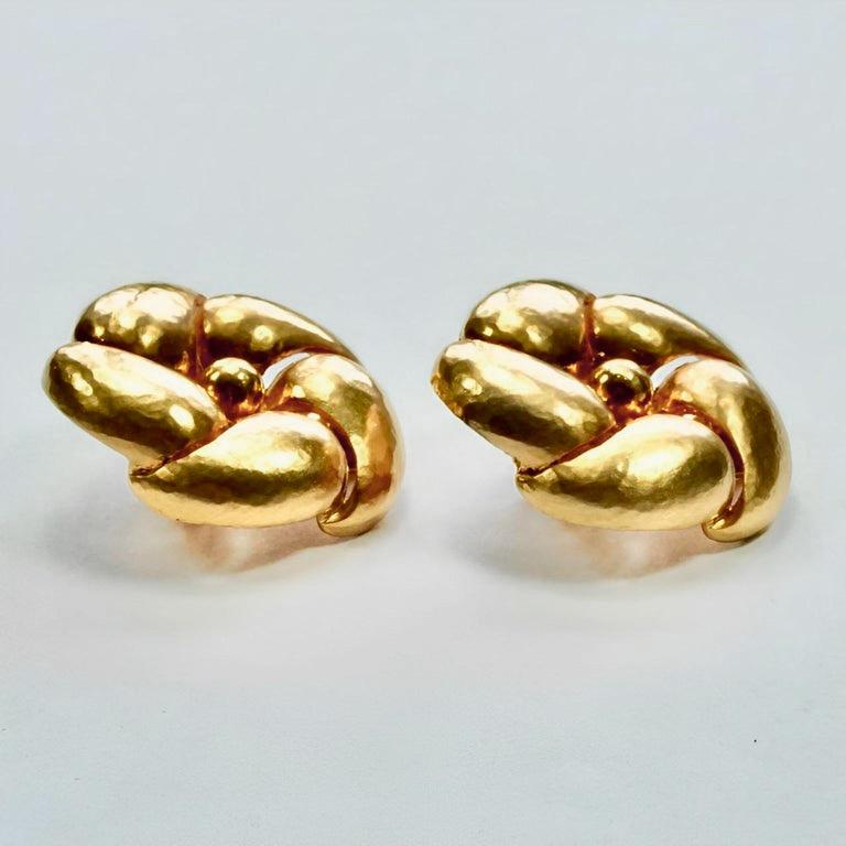 Gold Plated Hammered Flower Clip-On Statement Earrings - Les Bernard Vanity For Sale 1