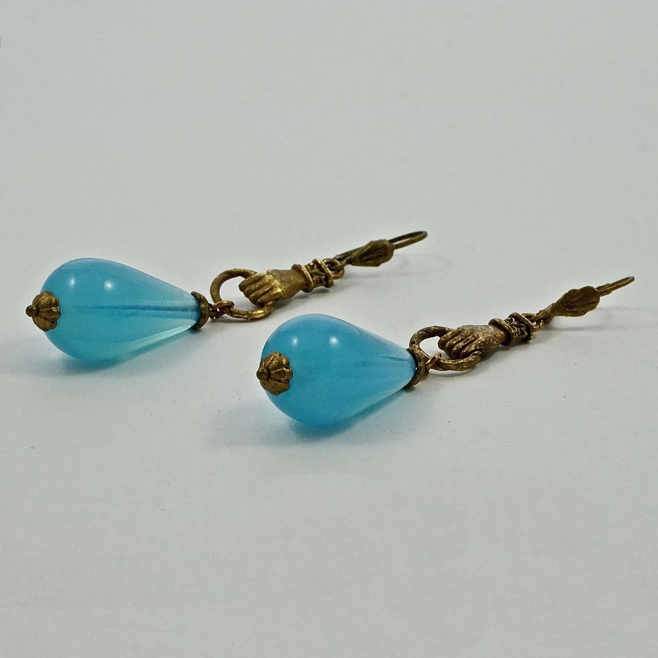 Gold Plated Hands Lever Back Earrings with Blue Opaline Drops In Good Condition For Sale In London, GB