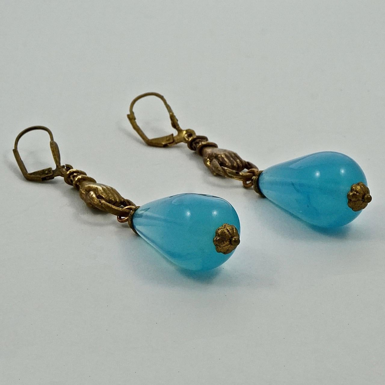 Women's or Men's Gold Plated Hands Lever Back Earrings with Blue Opaline Drops For Sale