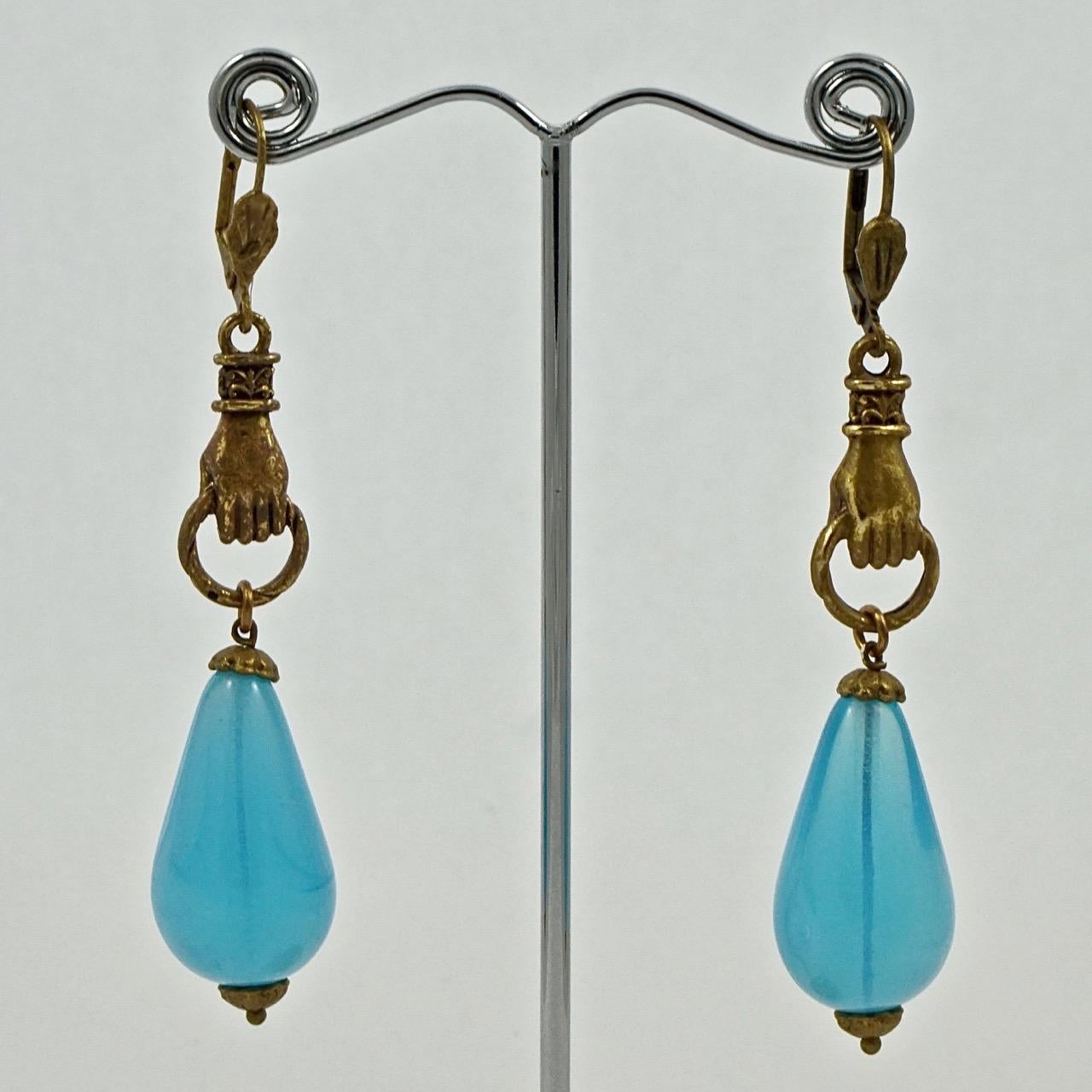 Gold Plated Hands Lever Back Earrings with Blue Opaline Drops For Sale 1