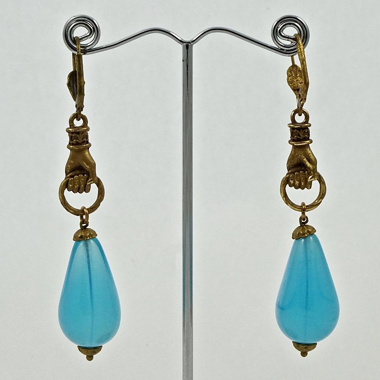 Gold Plated Hands Lever Back Earrings with Blue Opaline Drops For Sale 2