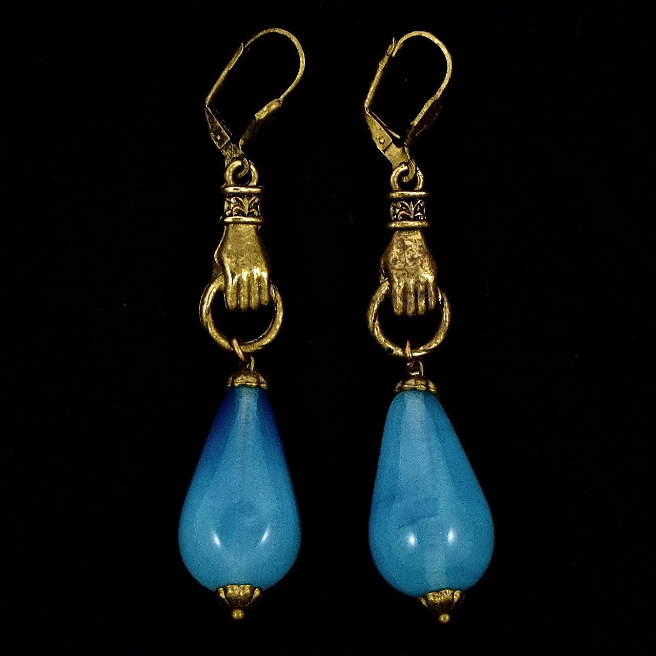 Gold Plated Hands Lever Back Earrings with Blue Opaline Drops For Sale 3