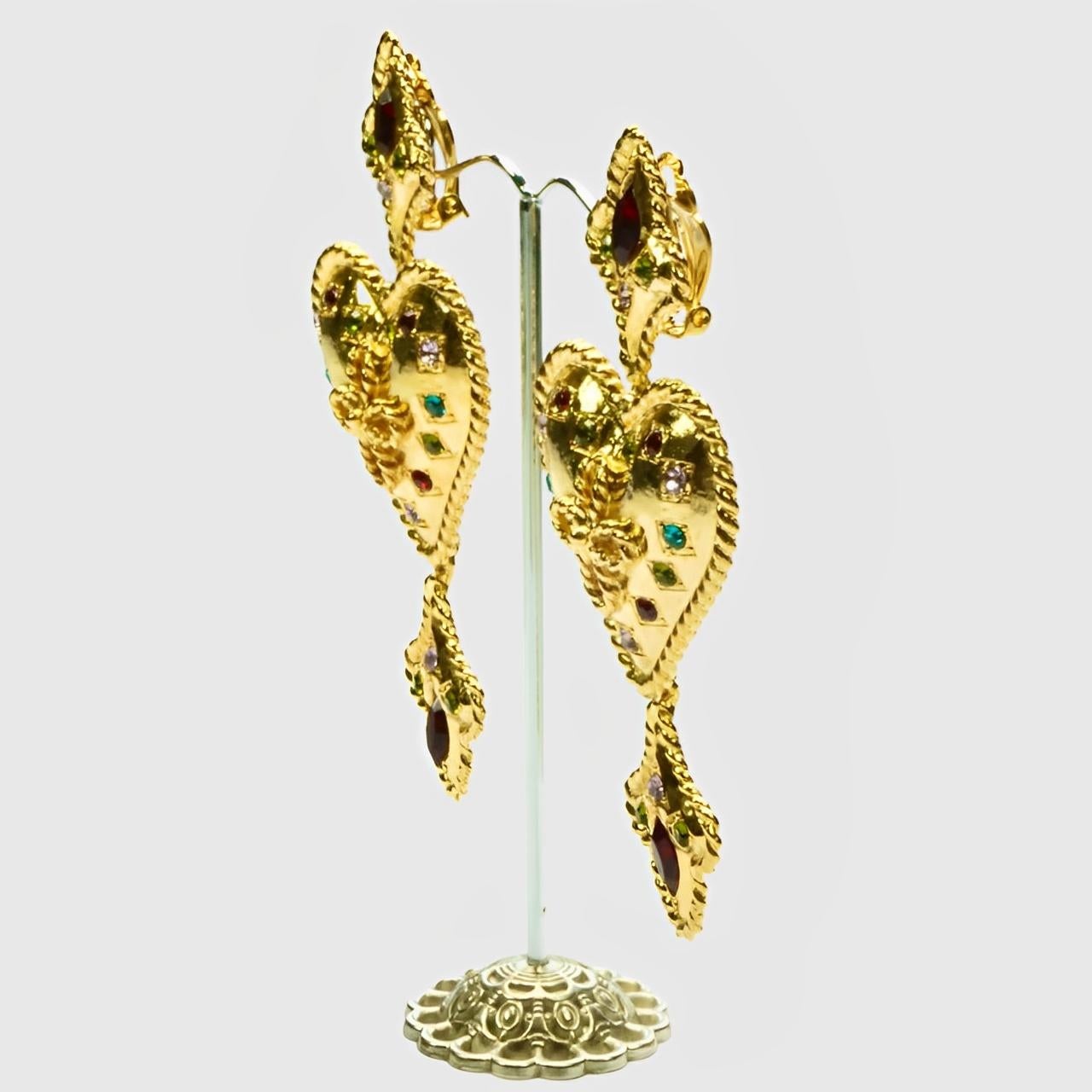 Gold Plated Heart Clip On Statement Earrings set with Coloured Rhinestones In Good Condition For Sale In London, GB