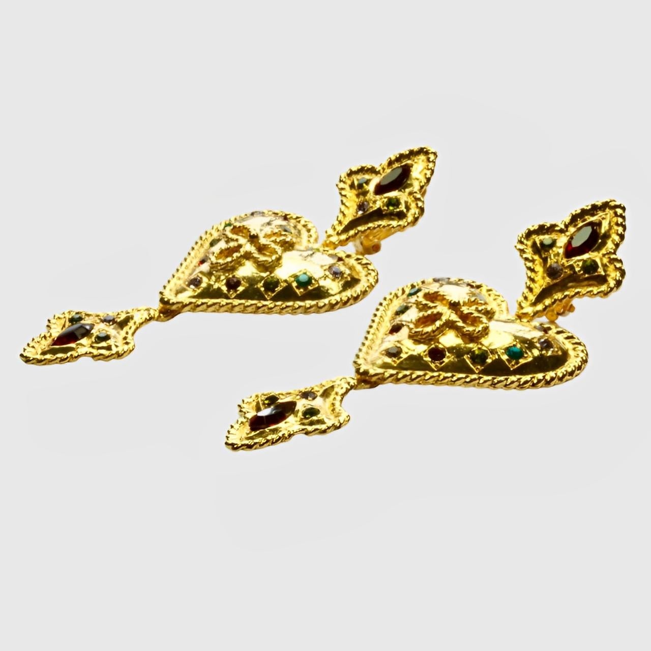 Women's or Men's Gold Plated Heart Clip On Statement Earrings set with Coloured Rhinestones For Sale