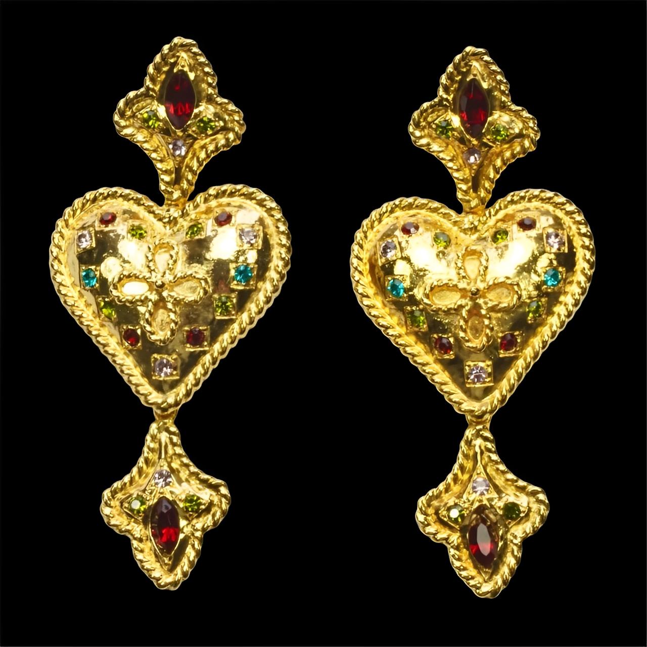 Gold Plated Heart Clip On Statement Earrings set with Coloured Rhinestones For Sale 1