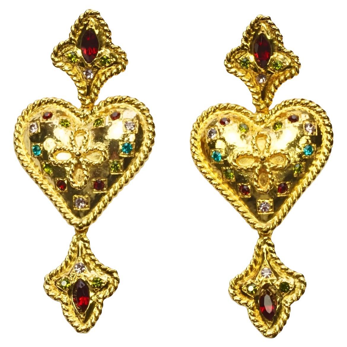 Gold Plated Heart Clip On Statement Earrings set with Coloured Rhinestones For Sale