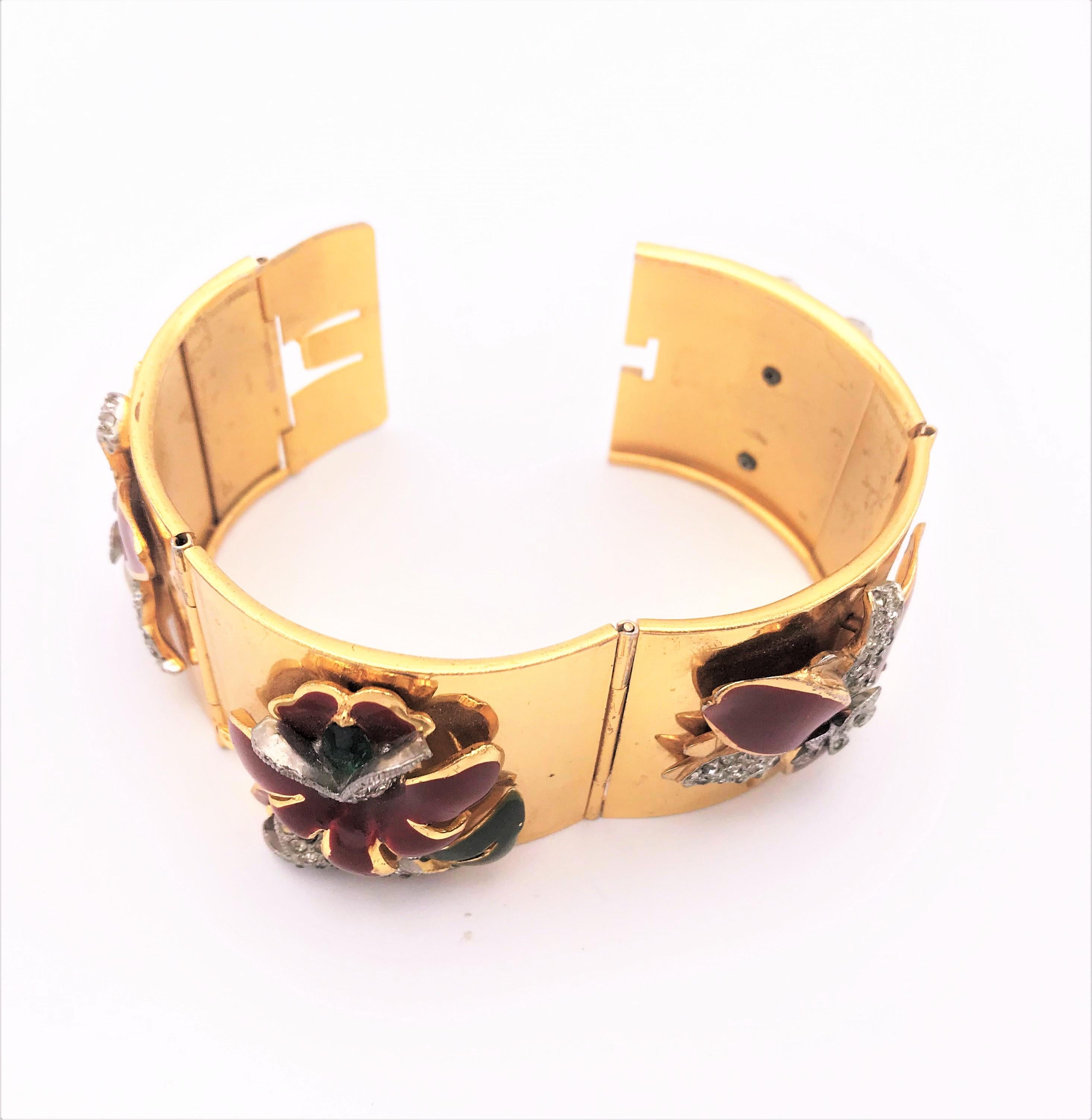 Modern Gold plated hinged bracelet with Coro enamel flowers attached from the 1940s, US For Sale
