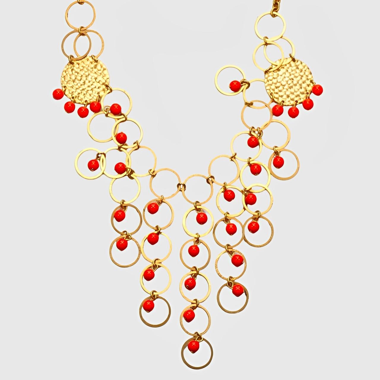 Gold Plated Hoop Drops Necklace with Plastic Red Coral Beads 1970s in vendita 1