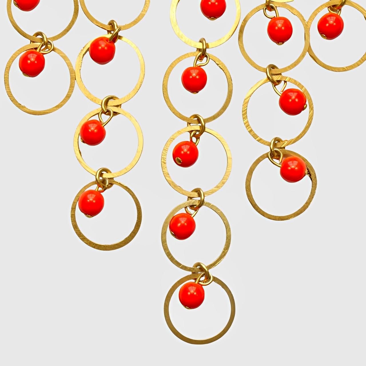 Gold Plated Hoop Drops Necklace with Plastic Red Coral Beads 1970s in vendita 2