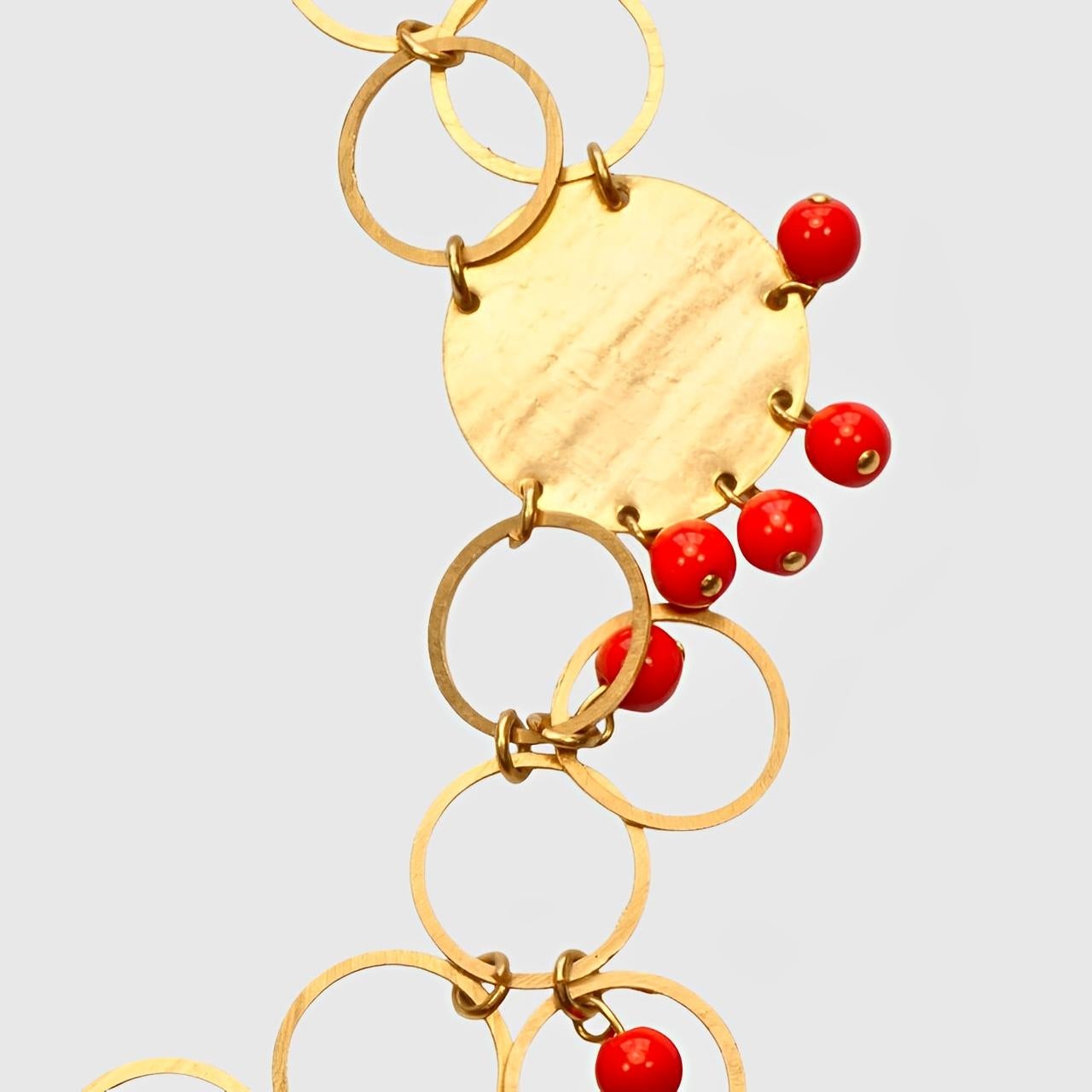 Gold Plated Hoop Drops Necklace with Plastic Red Coral Beads 1970s in vendita 4