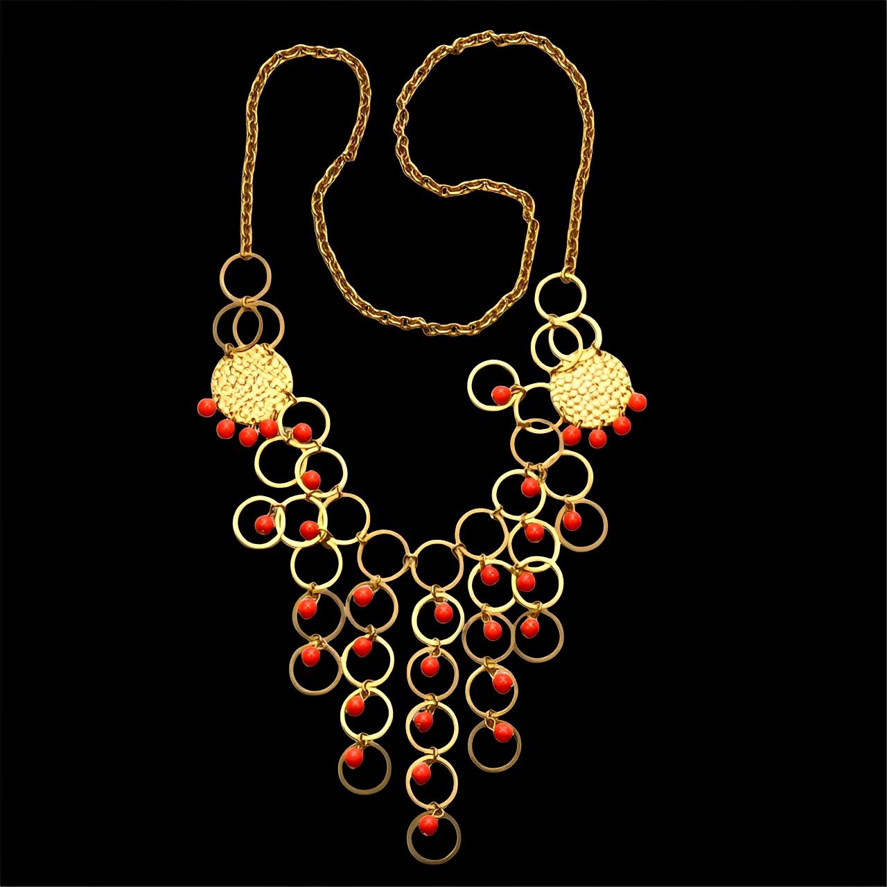 Gold Plated Hoop Drops Necklace with Plastic Red Coral Beads 1970s in vendita 5