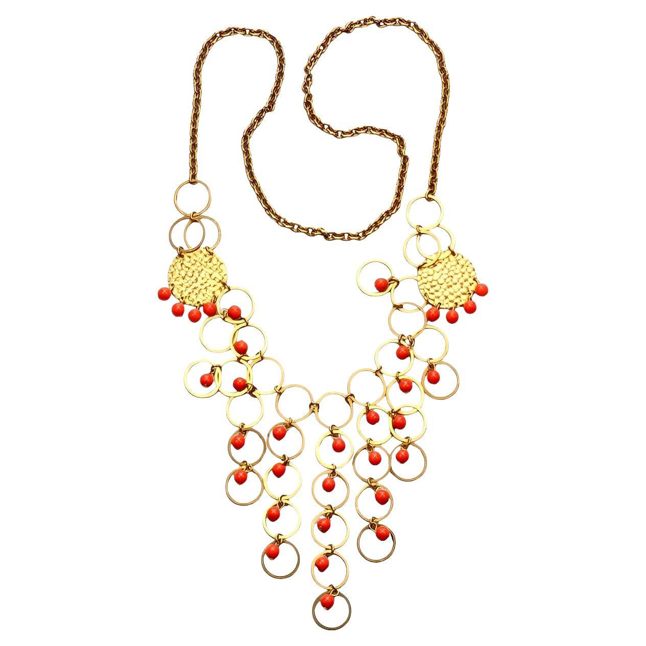 Gold Plated Hoop Drops Necklace with Plastic Red Coral Beads 1970s