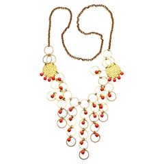 Gold Plated Hoop Drops Necklace with Plastic Red Coral Beads 1970s