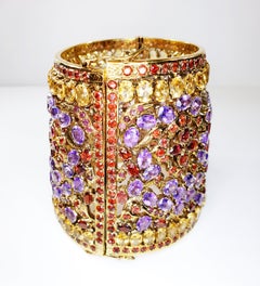 Gold-Plated Indian Cuff Bracelet with Amethysts, Citrines and Granates