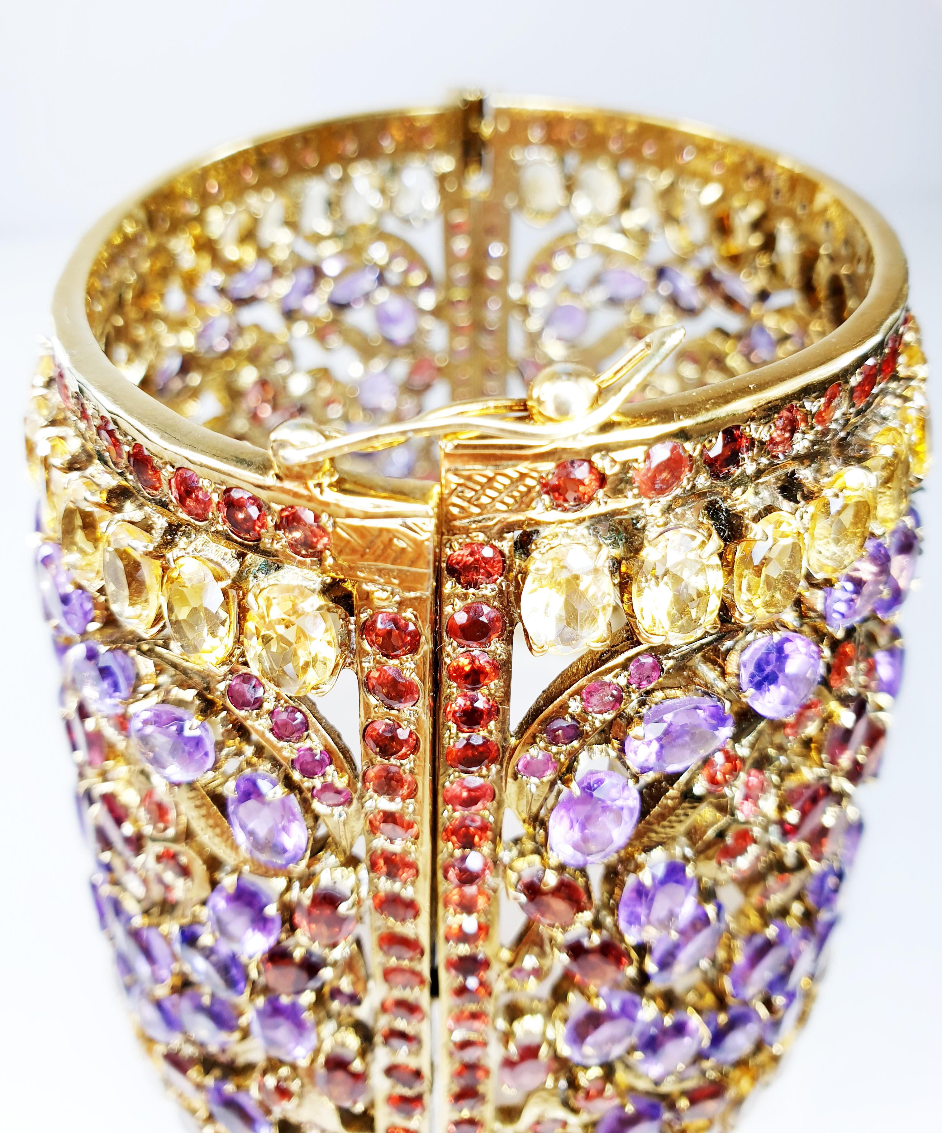 Anglo-Indian Gold-Plated Indian Cuff Bracelet with Amethysts, Citrines and Granates