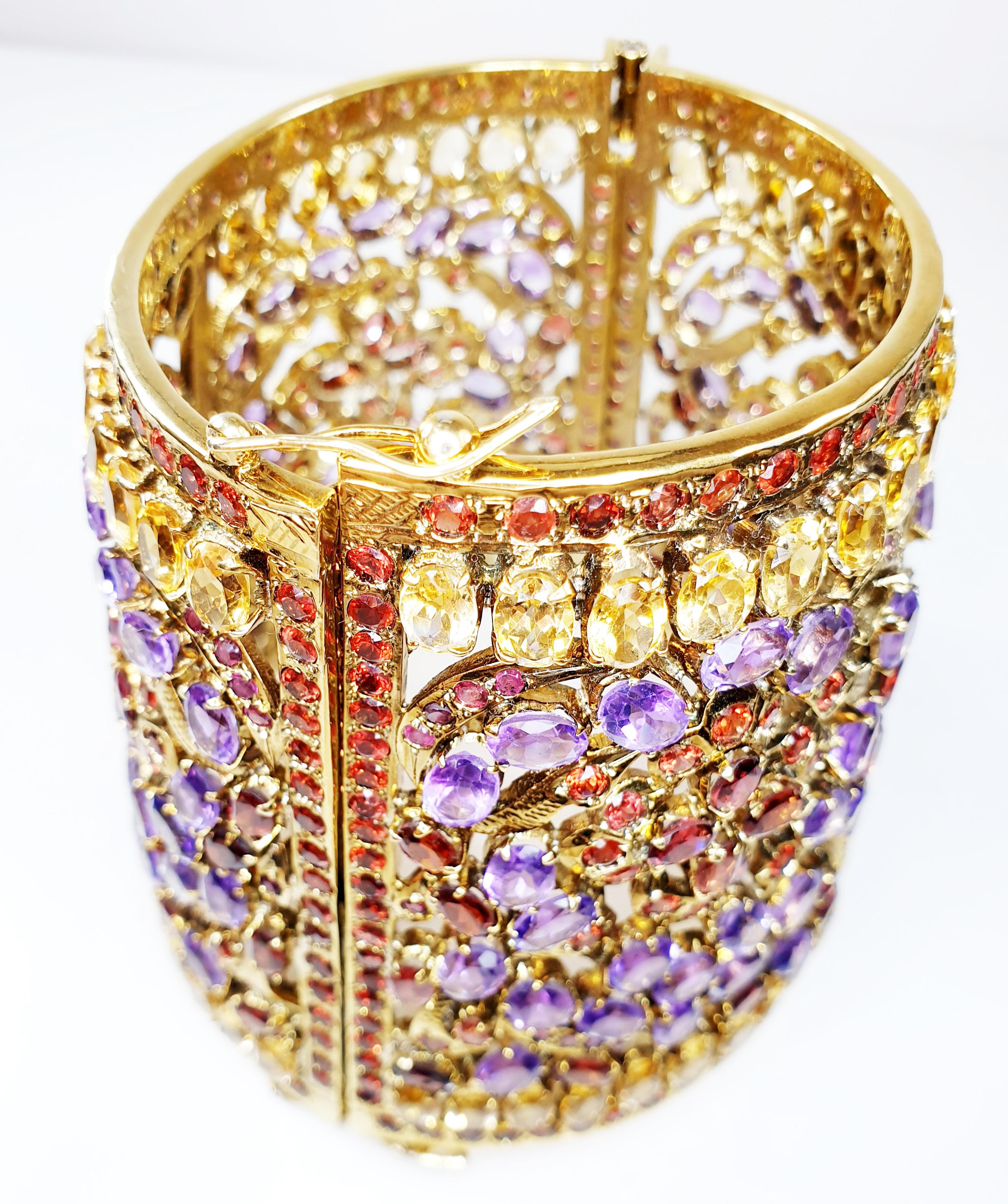Brilliant Cut Gold-Plated Indian Cuff Bracelet with Amethysts, Citrines and Granates