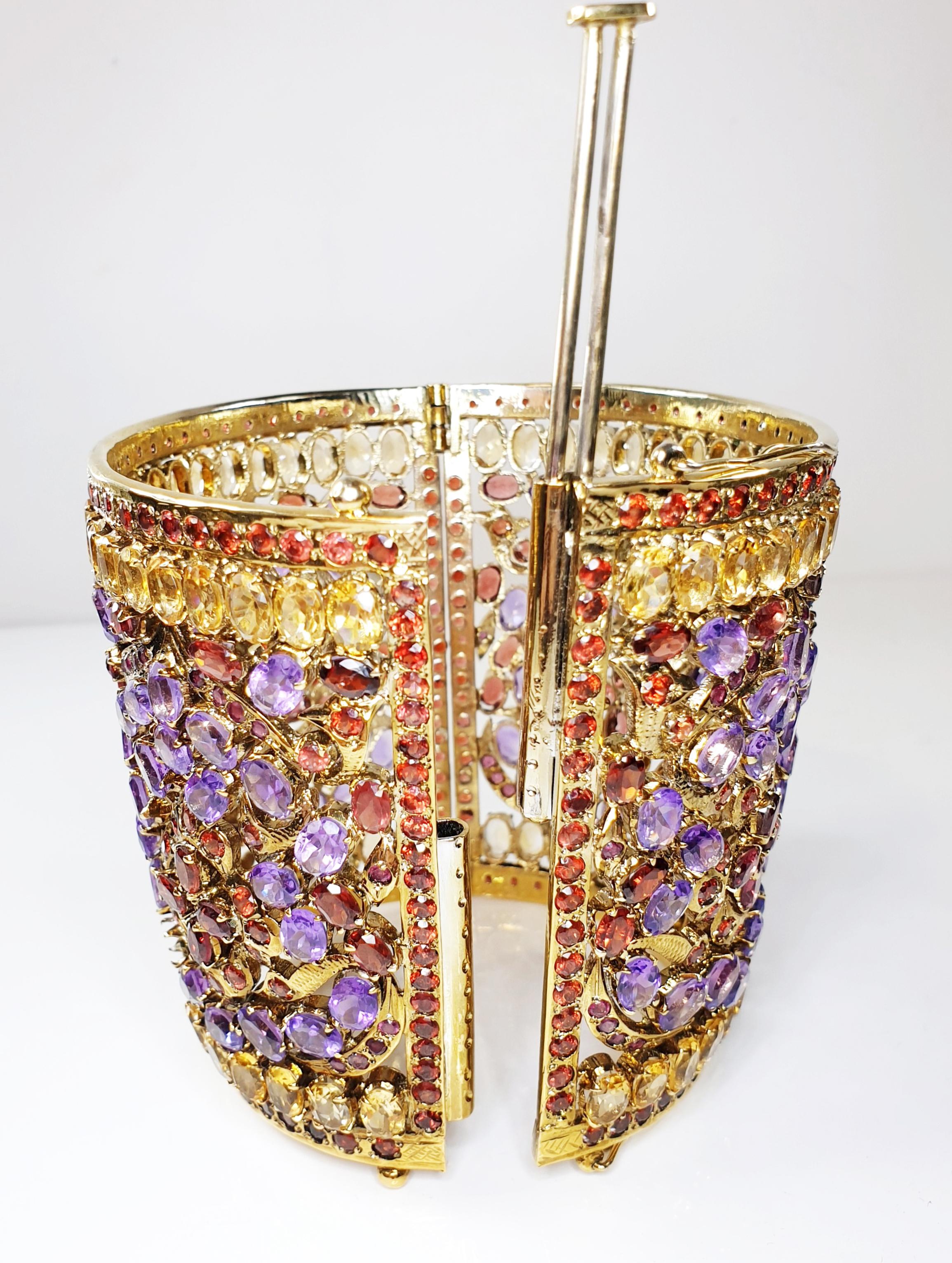 Gold-Plated Indian Cuff Bracelet with Amethysts, Citrines and Granates 1