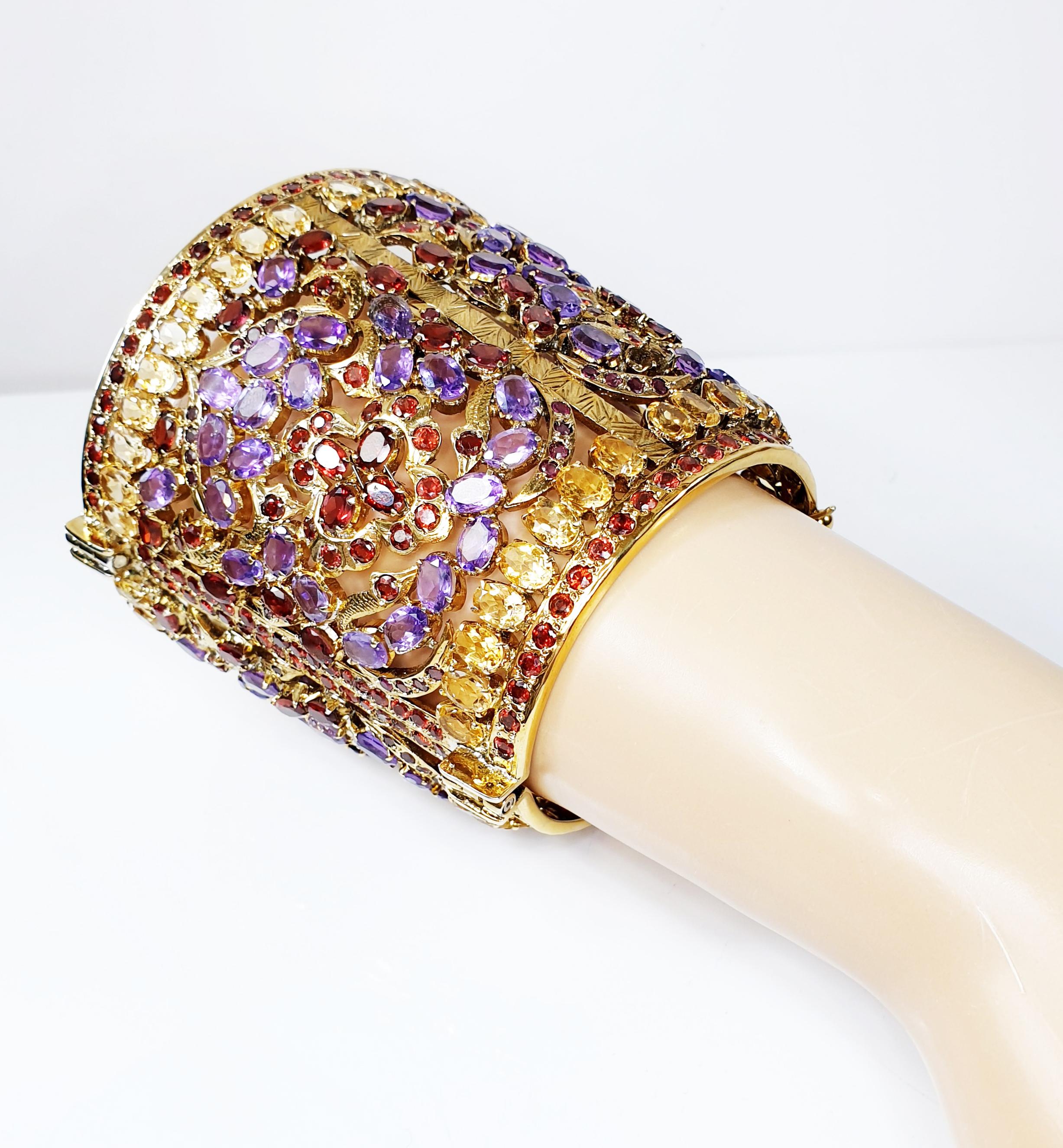 Gold-Plated Indian Cuff Bracelet with Amethysts, Citrines and Granates 2