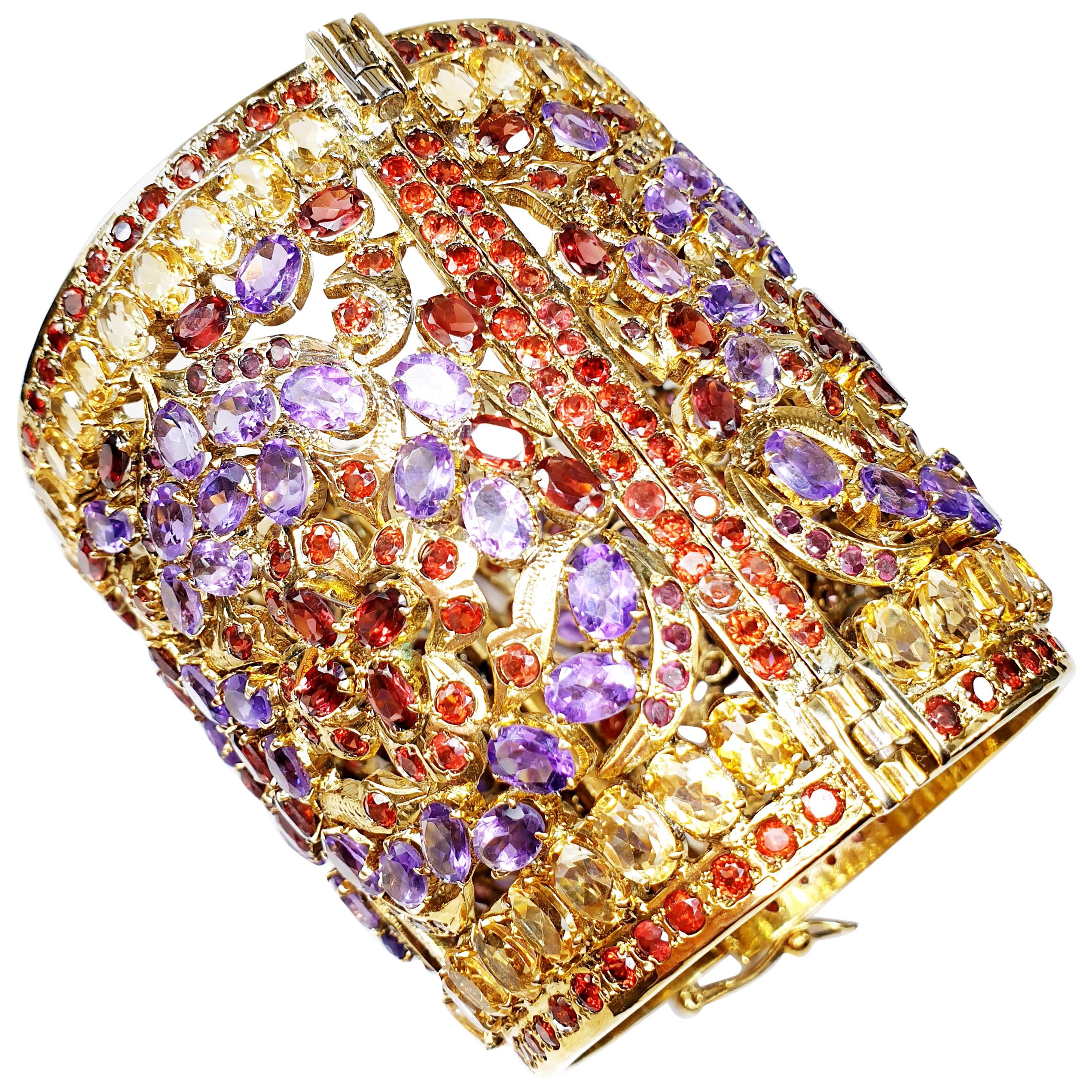 Gold-Plated Indian Cuff Bracelet with Amethysts, Citrines and Granates