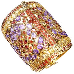 Vintage Gold-Plated Indian Cuff Bracelet with Amethysts, Citrines and Granates