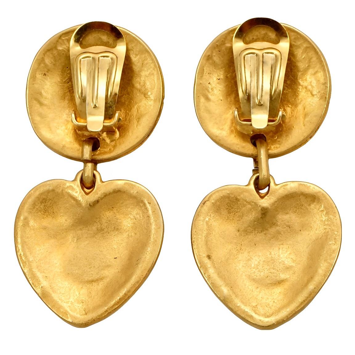 Beautiful matt gold plated Byzantine design heart clip on earrings. The earrings are stamped Italy. They are in the style of the French designer Edouard Rambaud.

Measuring length 5.6 cm / 2.2 inches by width approximately  2.5 cm / 1 inch. 

This