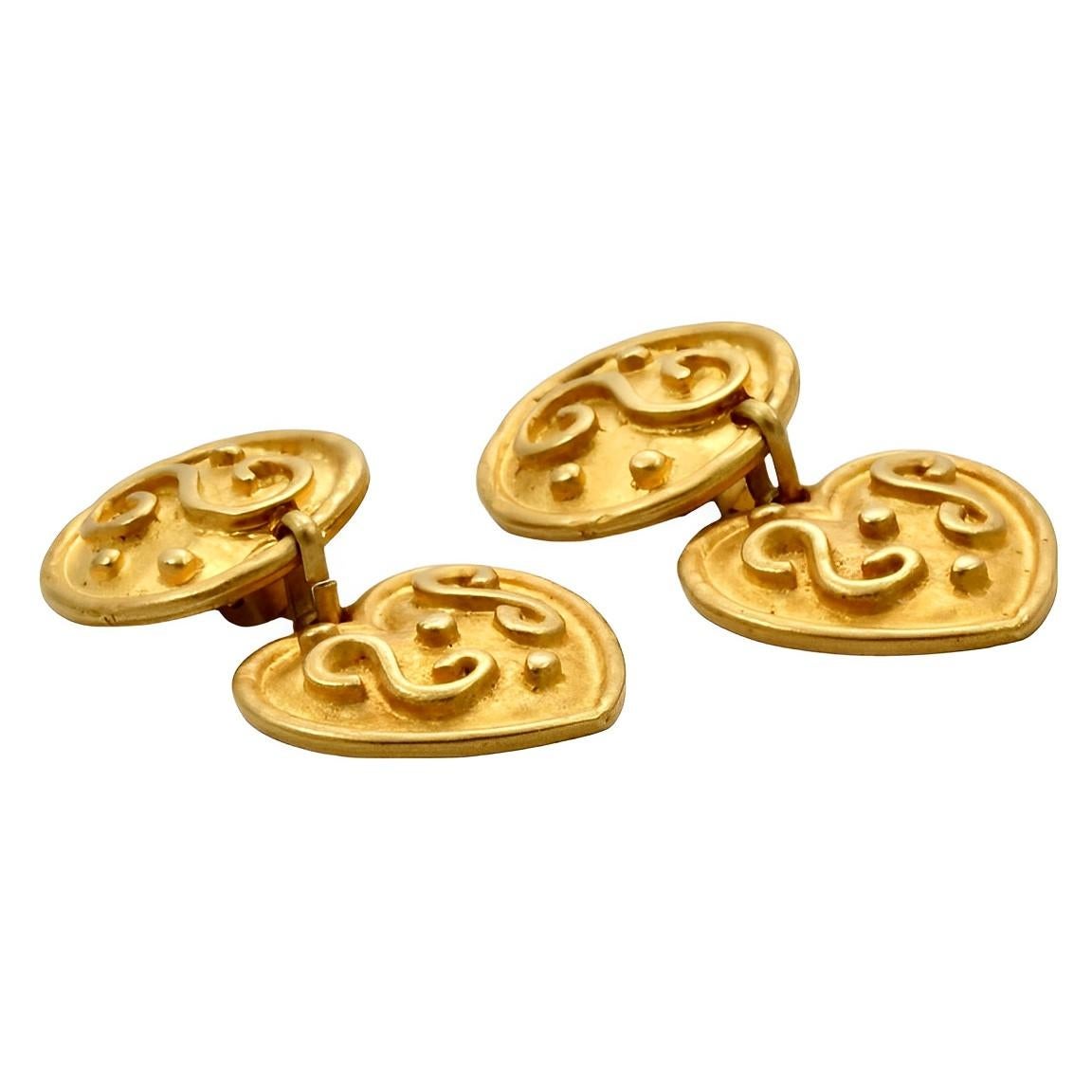 Women's or Men's Gold Plated Italian Byzantine Design Heart Clip on Earrings circa 1980s  For Sale