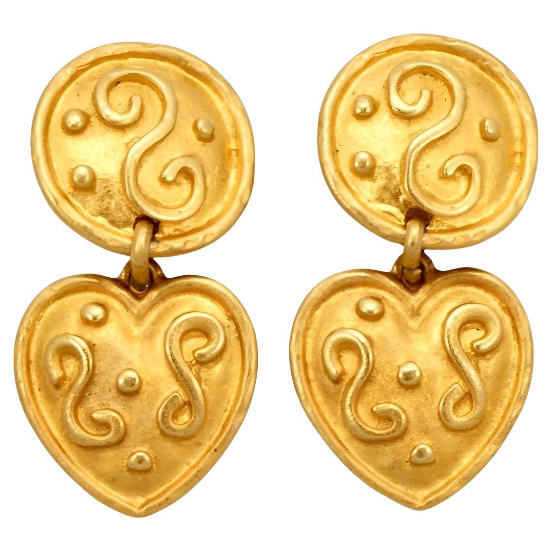 Gold Plated Italian Byzantine Design Heart Clip on Earrings circa 1980s  For Sale