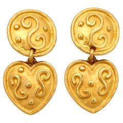 Gold Plated Italian Byzantine Design Heart Clip on Earrings circa 1980s 