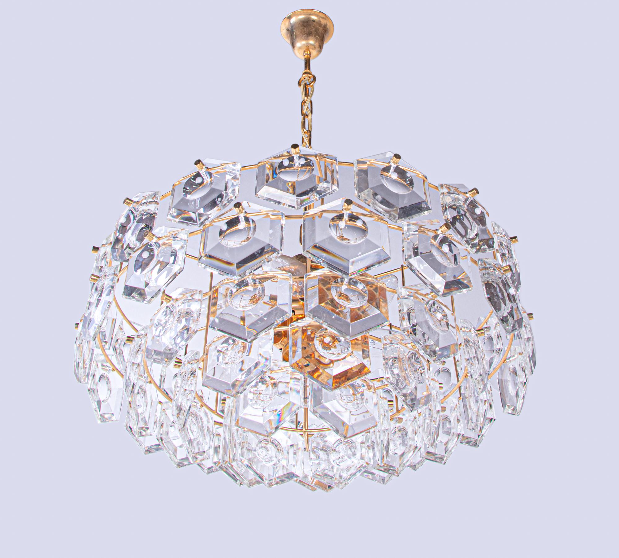 Hollywood Regency Gold-Plated Kinkeldey Lens Chandelier Crystal & Brass, Germany, 1960s For Sale