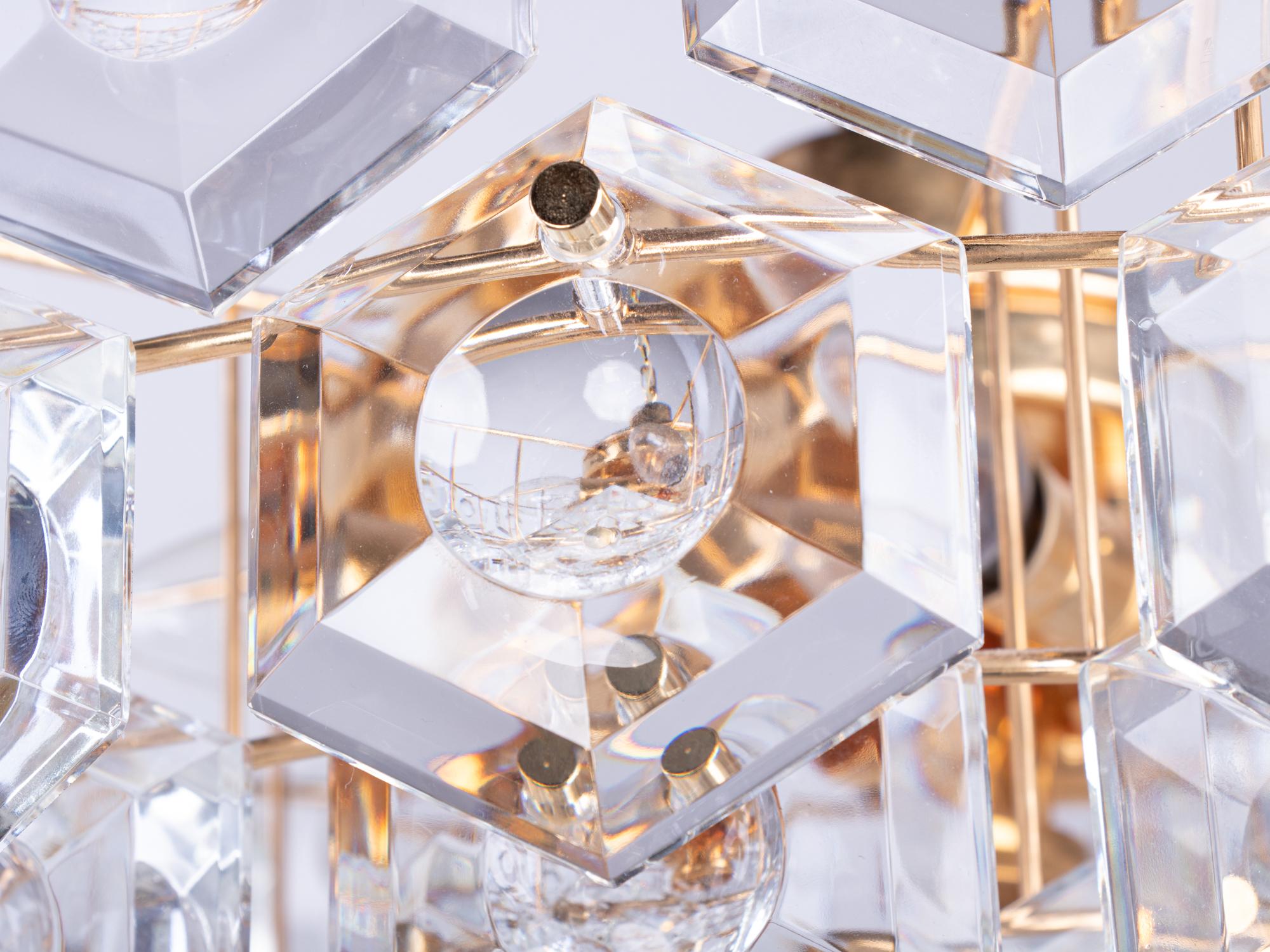 Mid-20th Century Gold-Plated Kinkeldey Lens Chandelier Crystal & Brass, Germany, 1960s For Sale